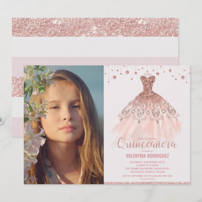 Rose Gold Dress Quinceañera 15th Birthday Photo Invitation (Front/Back)