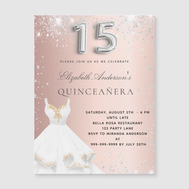 Rose gold dress Quinceanera magnet invitation (Front)
