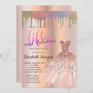 Rose Gold Dress Rainbow Drips 50th Birthday Party Invitation