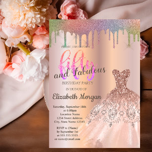 Rose Gold Dress Rainbow Drips 50th Birthday Party  Invitation