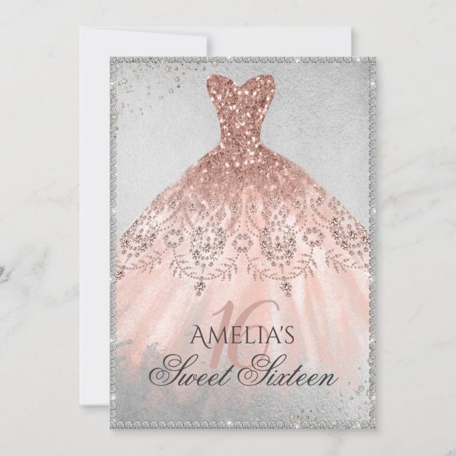 Rose Gold Dress Silver Sparkle 16th Sweet Sixteen Invitation (Front)
