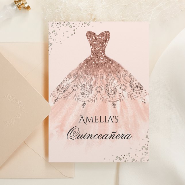 Rose Gold Dress Sparkle Quinceanera Invitation (Creator Uploaded)