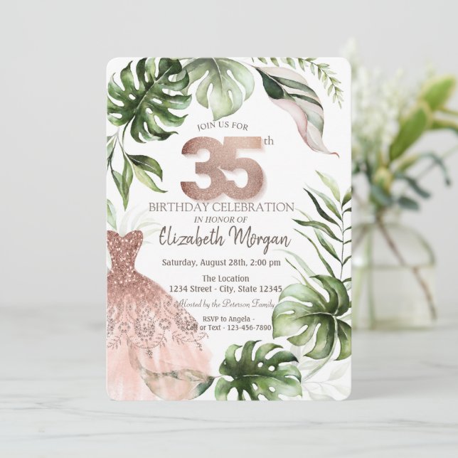 Rose Gold Dress Tropical Leaves 35th Birthday Invitation (Standing Front)