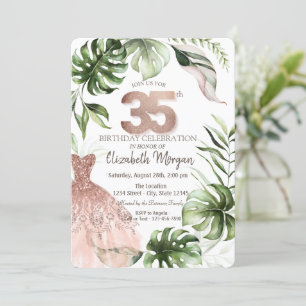 Rose Gold Dress Tropical Leaves 35th Birthday Invitation