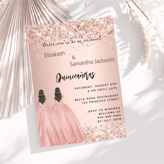 Rose gold dress twin girls Quinceanera Invitation (Creator Uploaded)