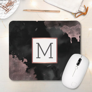 Rose Gold Drip Black Girly Monogram Mouse Pad