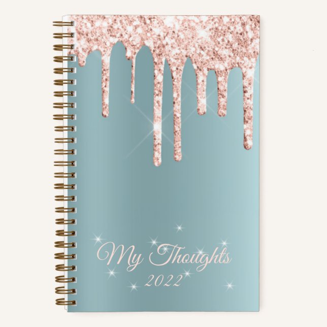 Rose Gold Drip Glitter Teal Custom Text Diary Note Notebook (Front)