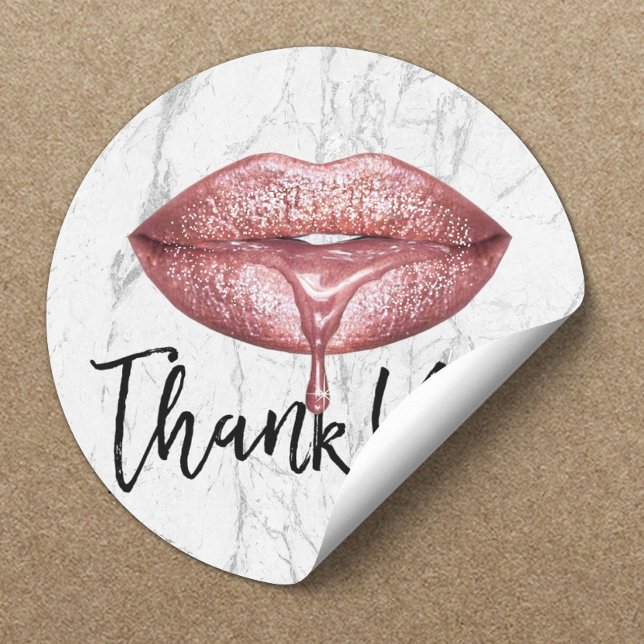 Rose Gold Drip Lips White Marble Thank You Classic Round Sticker (Creator Uploaded)