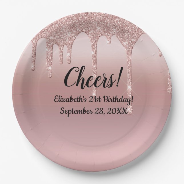 Rose Gold Dripping Glitter 21st Birthday  Paper Plate (Front)