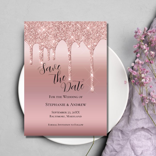 Rose Gold Dripping Glitter Blush Pink QR code Save The Date (Creator Uploaded)