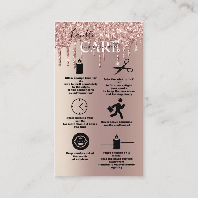 Rose Gold Dripping Glitter Candle Care   Business Card (Front)