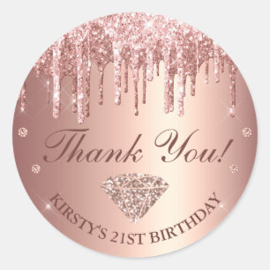 Rose Gold Dripping Glitter & Diamond Birthday Classic Round Sticker