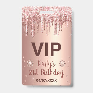 Rose Gold Dripping Glitter & Diamond Birthday ID Badge