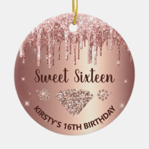 Rose Gold Dripping Glitter & Diamond Sweet 16 Ceramic Ornament
