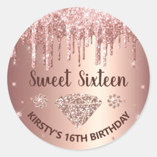 Rose Gold Dripping Glitter & Diamond Sweet 16 Classic Round Sticker