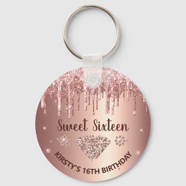 Rose Gold Dripping Glitter & Diamond Sweet 16  Key Ring (Front)