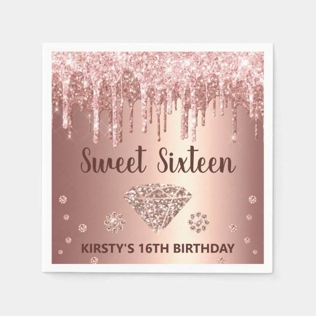 Rose Gold Dripping Glitter & Diamond Sweet 16 Napkin (Front)