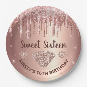 Rose Gold Dripping Glitter & Diamond Sweet 16 Paper Plate