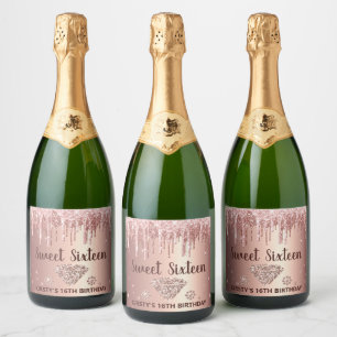 Rose Gold Dripping Glitter & Diamond Sweet 16 Sparkling Wine Label