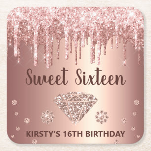 Rose Gold Dripping Glitter & Diamond Sweet 16 Square Paper Coaster