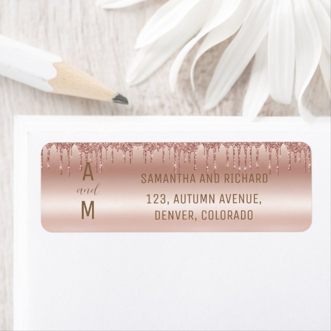 Rose Gold Dripping Glitter Metallic Shine Return  Address Label (Insitu)
