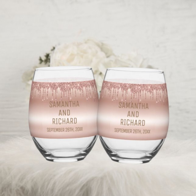 Rose Gold Dripping Glitter Metallic Shine Stemless Wine Glass (Creator Uploaded)