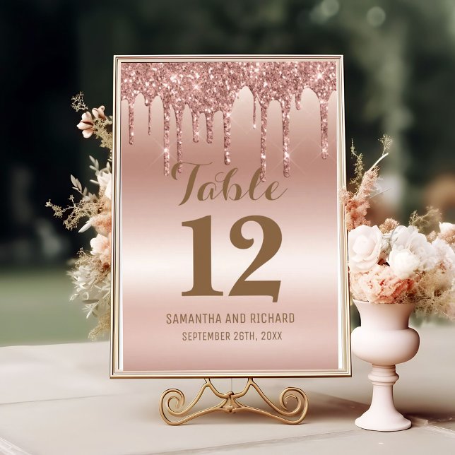 Rose Gold Dripping Glitter Metallic Shine Table Number (Creator Uploaded)