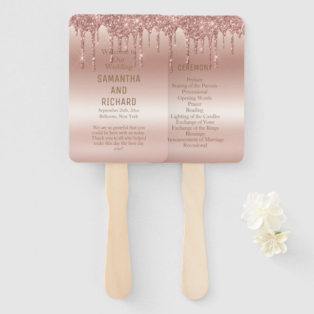 Rose Gold Dripping Glitter Metallic Shine Wedding  Hand Fan (Front and Back)