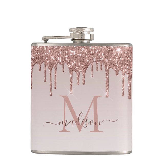 Rose Gold Dripping Glitter Modern Sparkle Monogram Hip Flask (Front)