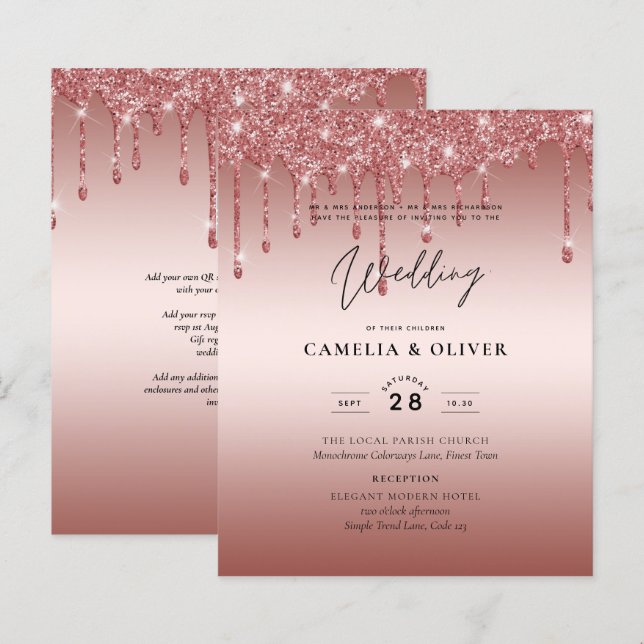 Rose Gold Dripping Glitter Modern Wedding Invite (Front/Back)