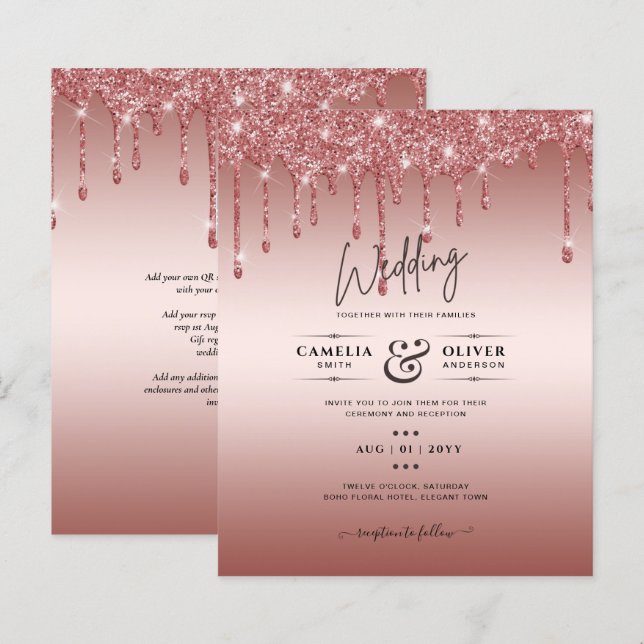 Rose Gold Dripping Glitter Modern Wedding Invite (Front/Back)