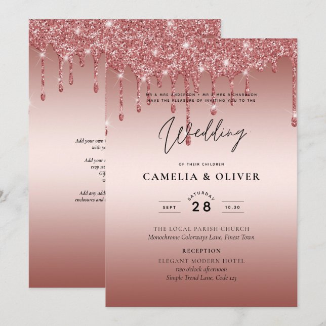 Rose Gold Dripping Glitter Modern Wedding Invite (Front/Back)