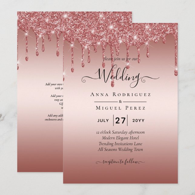 Rose Gold Dripping Glitter Modern Wedding Invite (Front/Back)