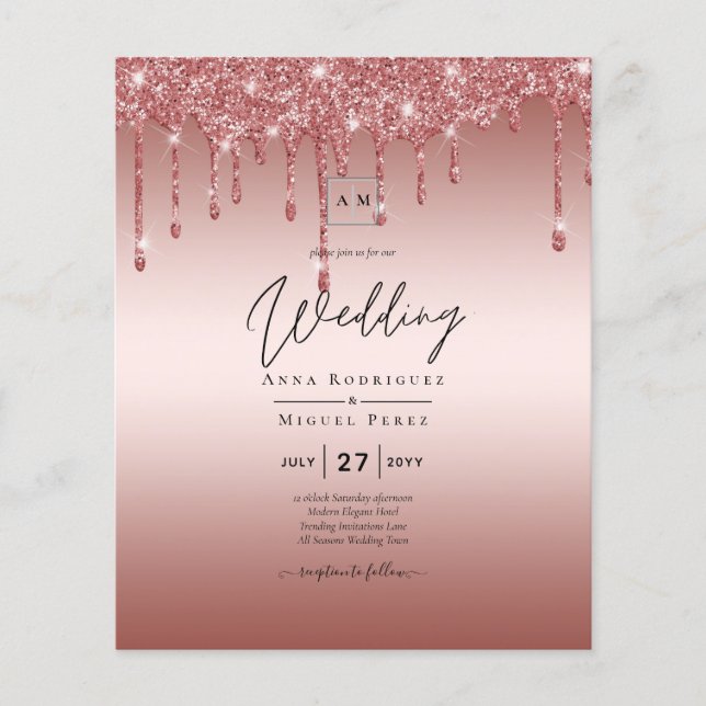 Rose Gold Dripping Glitter Modern Wedding Invite Flyer (Front)