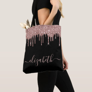 Rose Gold Dripping Glitter Personalised Black Tote Bag