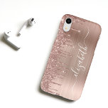 Rose Gold Dripping Glitter Personalised iPhone Case<br><div class="desc">Custom elegant and girly phone case featuring rose gold faux glitter dripping against a rose gold faux metallic foil background. Personalise with your name in a stylish trendy white script with swashes.</div>