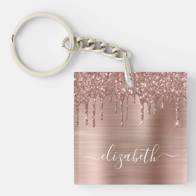 Rose Gold Dripping Glitter Personalised Key Ring (Front)