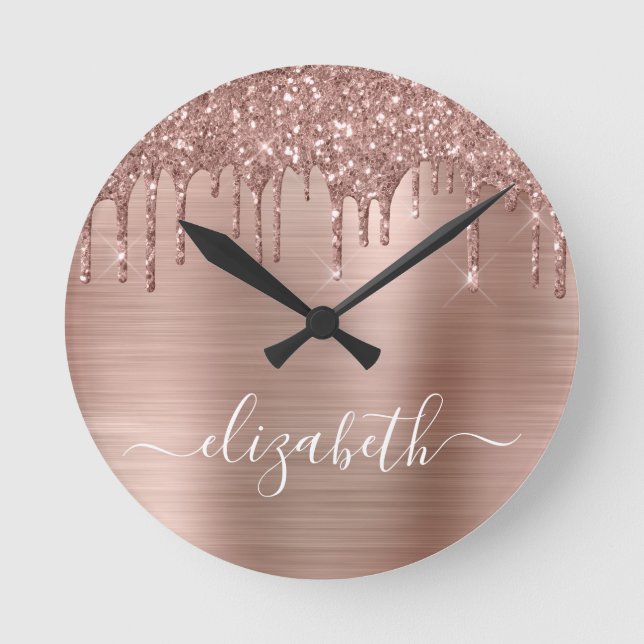 Rose Gold Dripping Glitter Personalised Round Clock (Front)