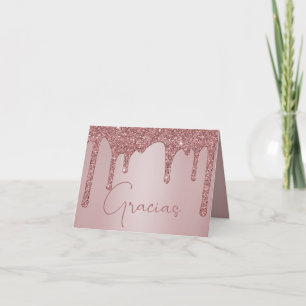 Rose Gold Dripping Glitter Quinceanera Gracias Thank You Card