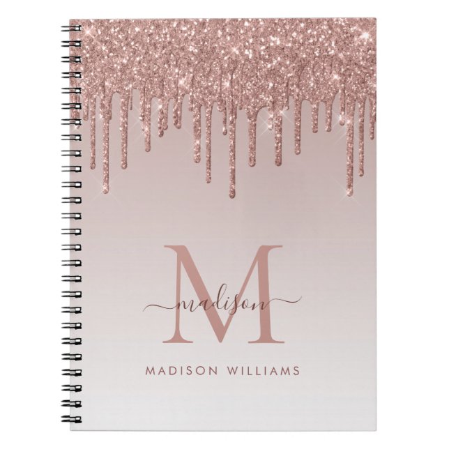 Rose Gold Dripping Glitter Sparkle Monogram Script Notebook (Front)