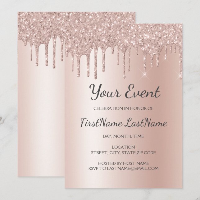 Rose Gold Dripping Glitter Sweet 16 Bridal Shower Invitation (Front/Back)