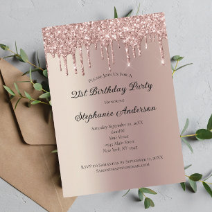 Rose Gold Dripping Glitter Trendy 21st Birthday  Invitation