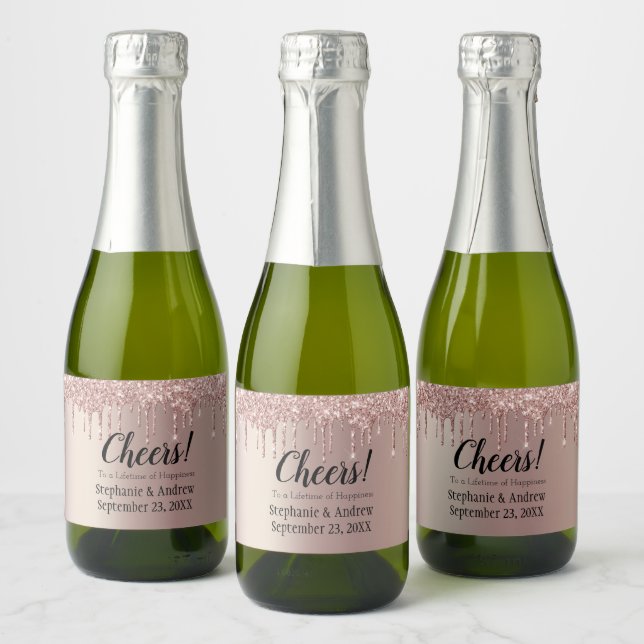 Rose Gold Dripping Glitter Wedding Mini Sparkling Wine Label (Bottles)