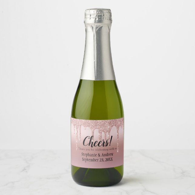 Rose Gold Dripping Glitter Wedding Mini Sparkling Wine Label (Front)