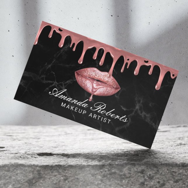 Rose Gold Dripping Lips Black Marble Makeup Artist Business Card (Creator Uploaded)