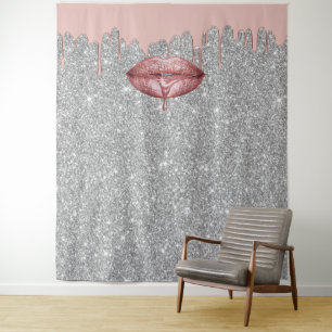 Rose Gold Dripping Lips Silver Glitter Backdrops Tapestry