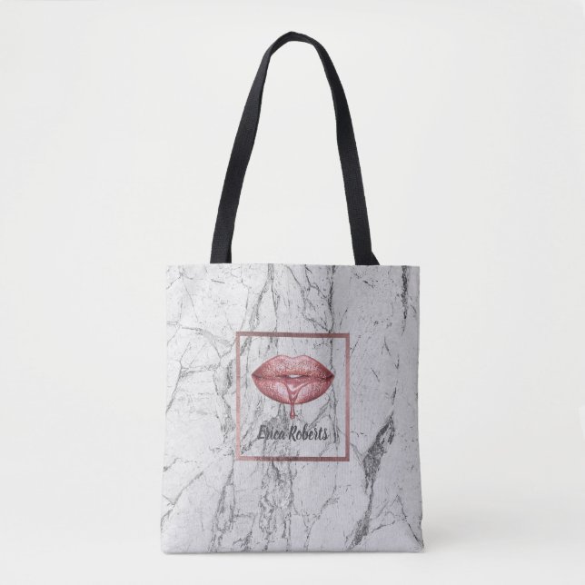 Rose Gold Dripping Lips White Marble Makeup Artist Tote Bag (Front)