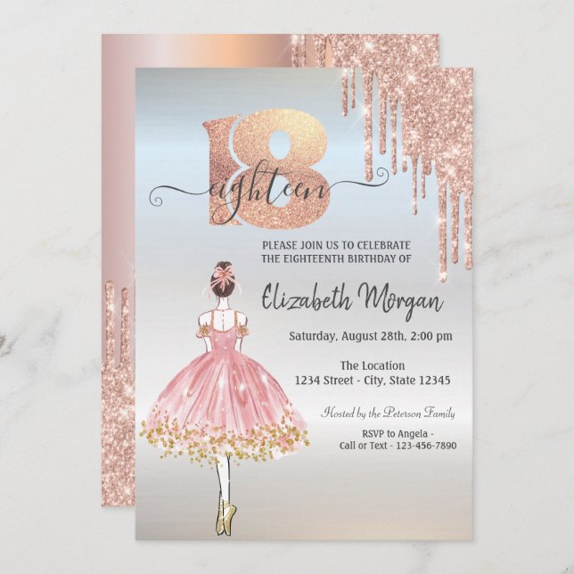 Rose Gold  Drips Ballerina Silver 18th Birthday Invitation (Front/Back)