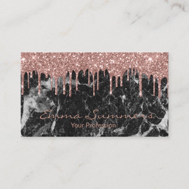 Rose Gold Drips Black Marble Customise Glitter Business Card (Front)