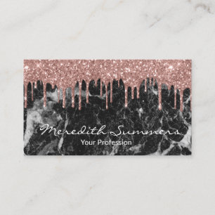 Rose Gold Drips Black Marble Customise Glitter Business Card